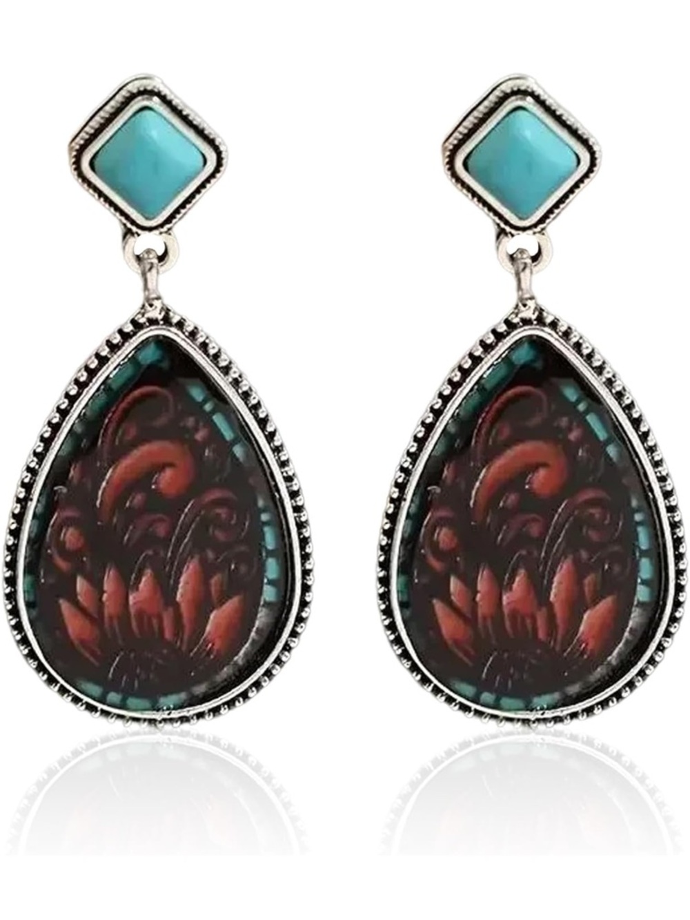 Western Turquoise & Red Teardrop Floral Dangle Earrings - Women Jewelry